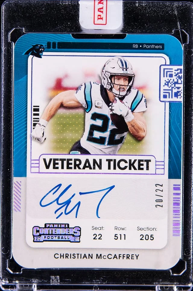 2021 Panini Contenders Christian McCaffrey Veteran Ticket #VT-CMC card image