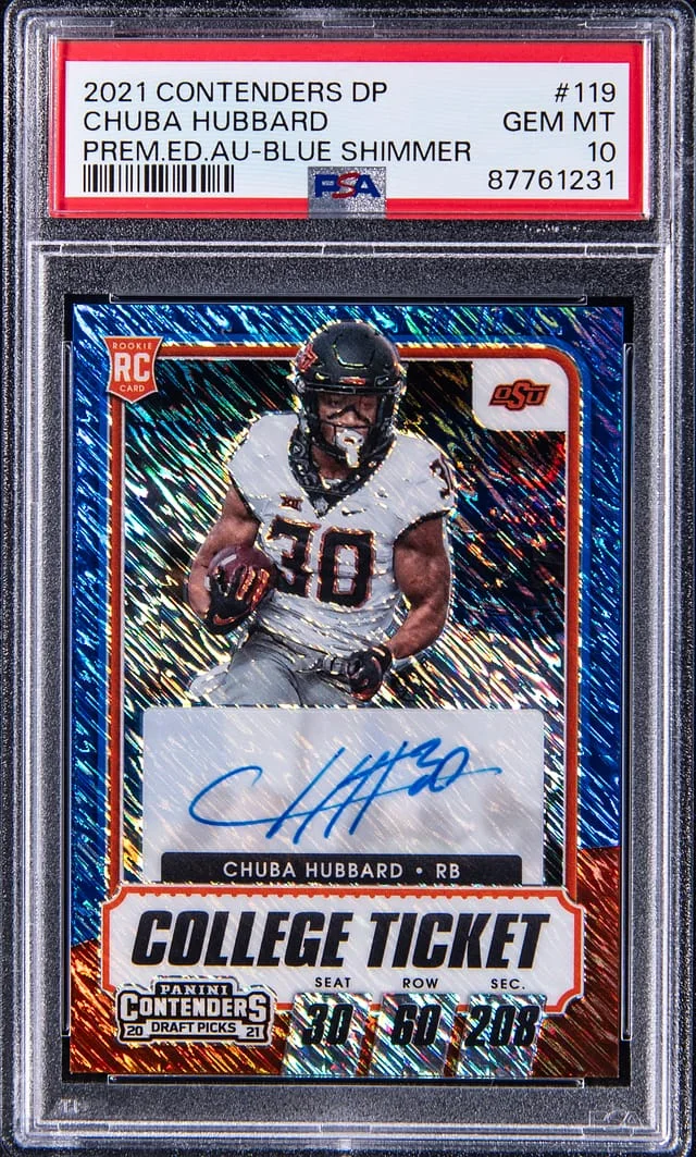 2021 Panini Contenders Draft Picks Chuba Hubbard Premium Edition Autograph Blue Shimmer #119 card image