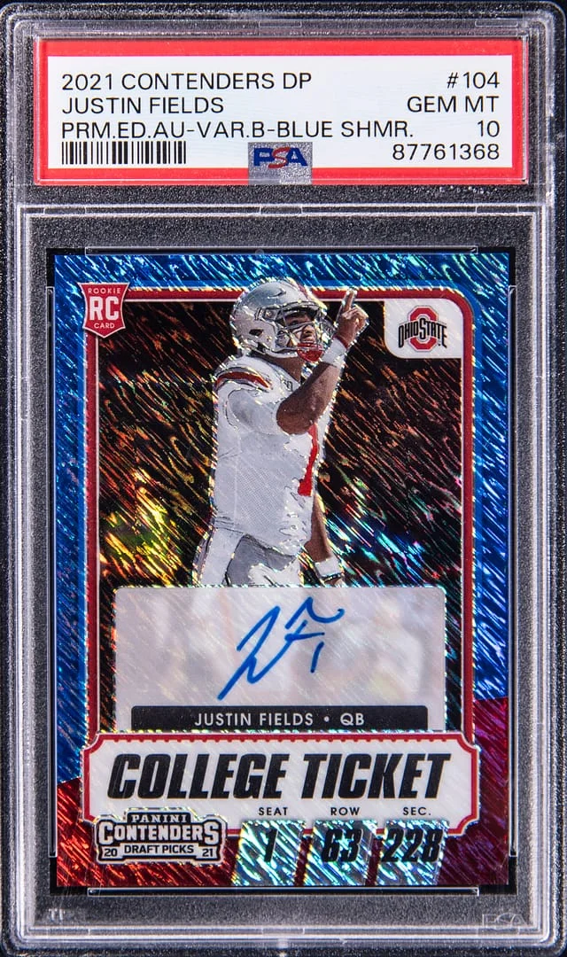 2021 Panini Contenders Draft Picks Justin Fields Premium Edition Autograph Variation Blue Shimmer #104 card image