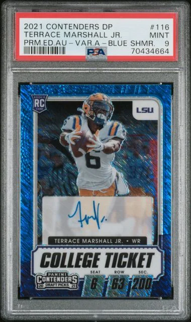 2021 Panini Contenders Draft Picks Terrace Marshall Jr. Premium Edition College Ticket Autograph Variation A Blue Shimmer Prizm #116 card image