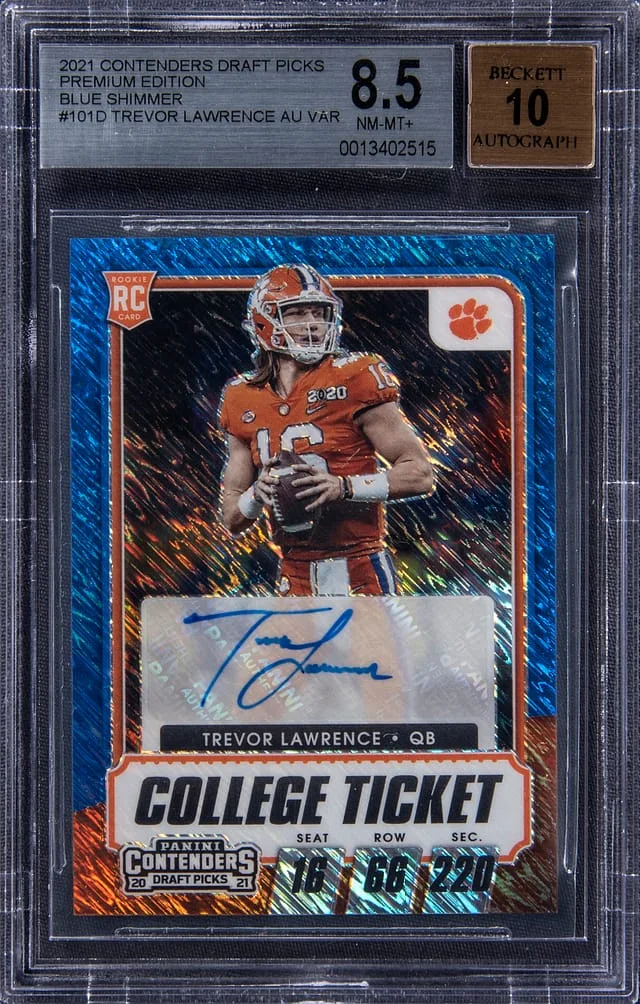 2021 Panini Contenders Draft Picks Trevor Lawrence Premium Edition College Ticket Autographs Blue Shimmer Prizm #101D card image