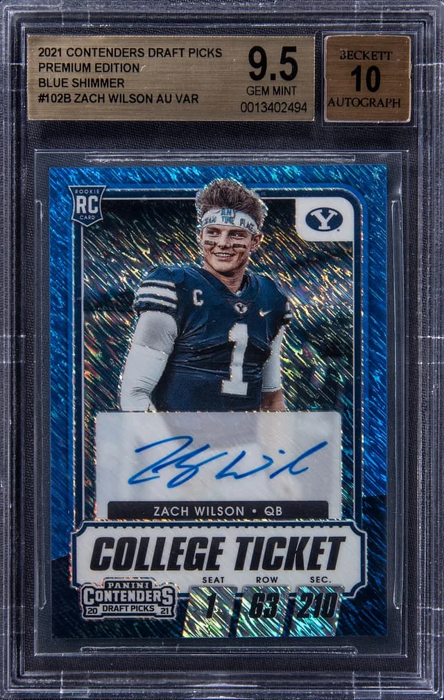 2021 Panini Contenders Draft Picks Zach Wilson Premium Edition College Ticket Autographs Blue Shimmer Prizm #102B card image