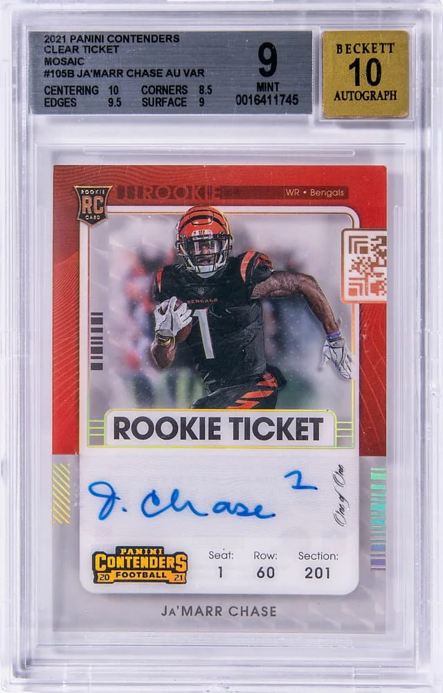 2021 Panini Contenders Ja'Marr Chase Clear Ticket Autograph Mosaic Variation #105B card image