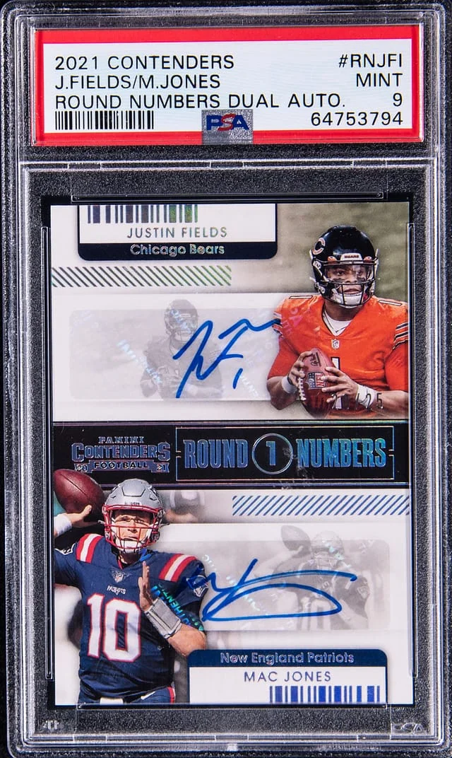 2021 Panini Contenders Justin Fields/Mac Jones Round Numbers Dual Autograph #RNJFI card image