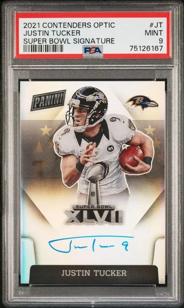 2021 Panini Contenders Justin Tucker Super Bowl Signatures #SBXLVII-JT card image