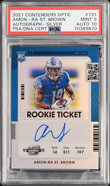 2021 Panini Contenders Optic Amon-Ra St. Brown Ticket Autograph Gold Prizm #131 card image