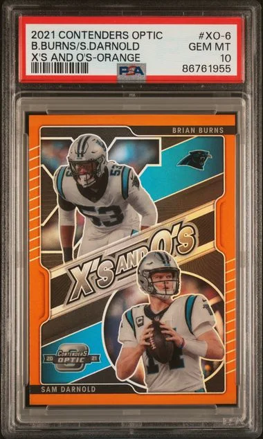 2021 Panini Contenders Optic Brian Burns/Sam Darnold X's and O's Orange #XO-6 card image