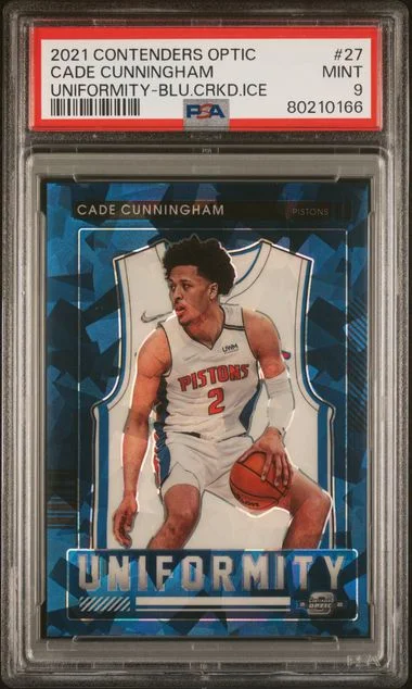 2021 Panini Contenders Optic Cade Cunningham Uniformity Blue Cracked Ice #27 card image