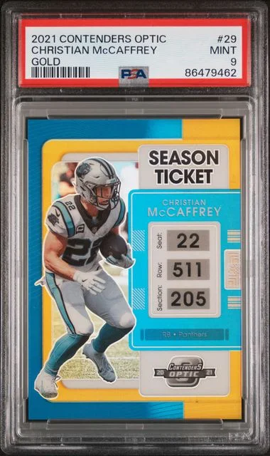 2021 Panini Contenders Optic Christian Mccaffrey Gold Season Ticket #29 card image