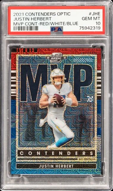 2021 Panini Contenders Optic Contenders Red/White/Blue Jhe Justin Herbert MVP #no-number card image