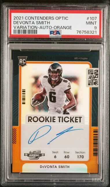 2021 Panini Contenders Optic DeVonta Smith Ticket Autograph Blue #107 card image