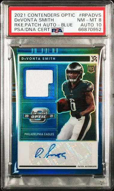 2021 Panini Contenders Optic Devonta Smith Patch Autographs (RPA) Blue #RPA-DS card image