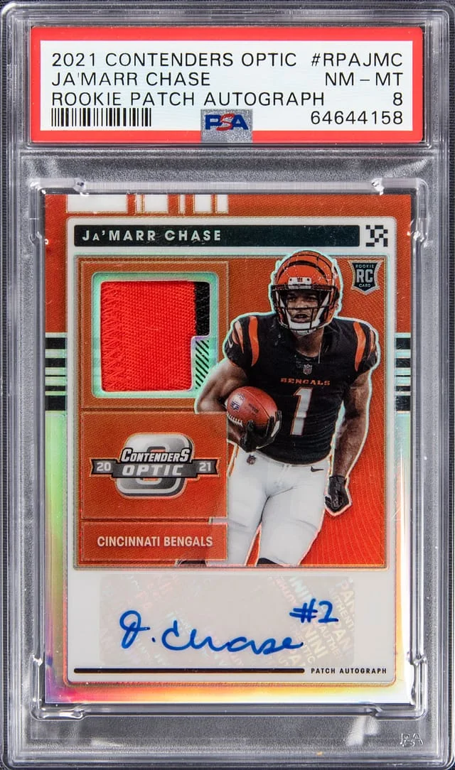 2021 Panini Contenders Optic Ja'Marr Chase Patch Autograph (RPA) #RPA-JMC card image