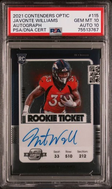 2021 Panini Contenders Optic Javonte Williams Variation-Autograph-Purple Pulsar #115 card image