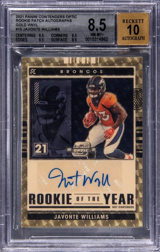 2021 Panini Contenders Optic Javonte Williams of the Year Contenders Autographs Gold Vinyl Prizm #RYC-JWI card image