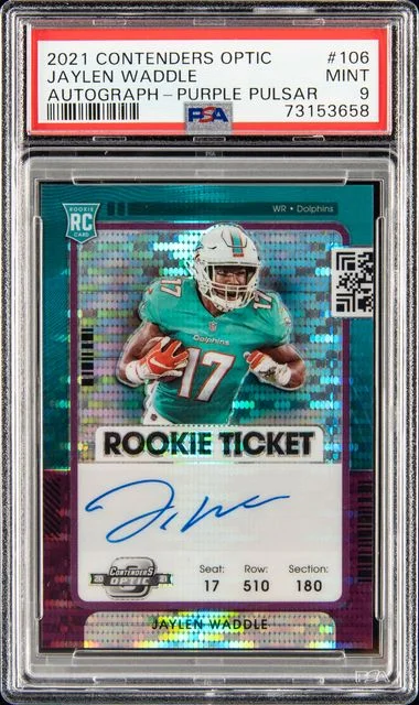 2021 Panini Contenders Optic Jaylen Waddle Autograph-Purple Pulsar #106 card image