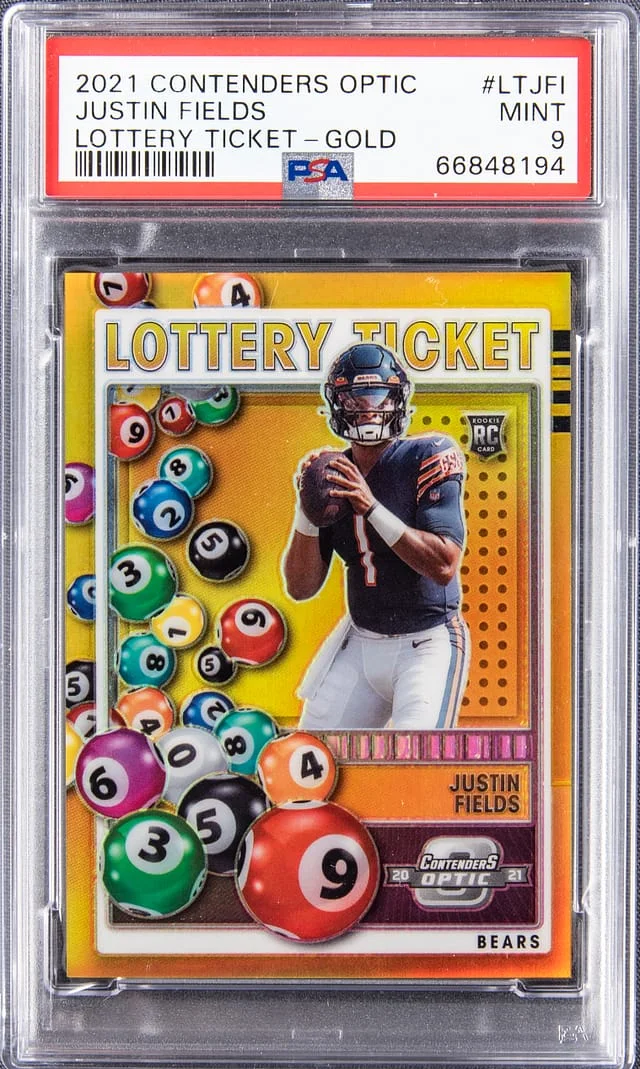 2021 Panini Contenders Optic Justin Fields Lottery Ticket Gold #LT-JFI card image