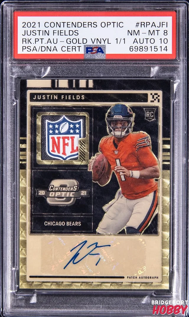 2021 Panini Contenders Optic Justin Fields Patch Autograph (RPA) Gold Vinyl #RPA-JFI card image