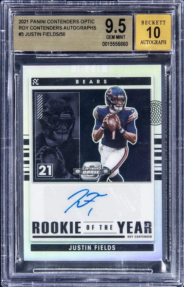 2021 Panini Contenders Optic Justin Fields of the Year Autographs #RYC-JFI card image