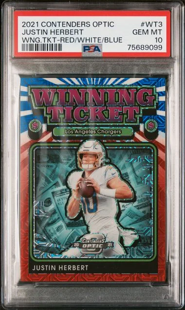 2021 Panini Contenders Optic Justin Herbert Winning Tickets Red/White/Blue #WT3 card image