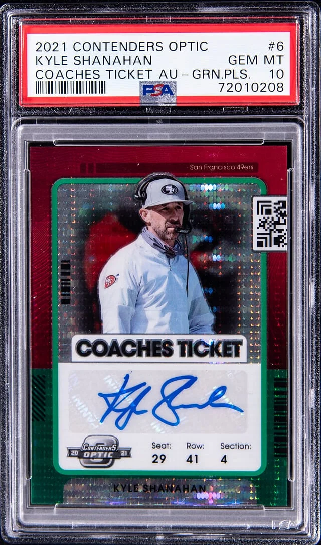 2021 Panini Contenders Optic Kyle Shanahan Coaches Ticket Autograph Green Pulsar #6 card image
