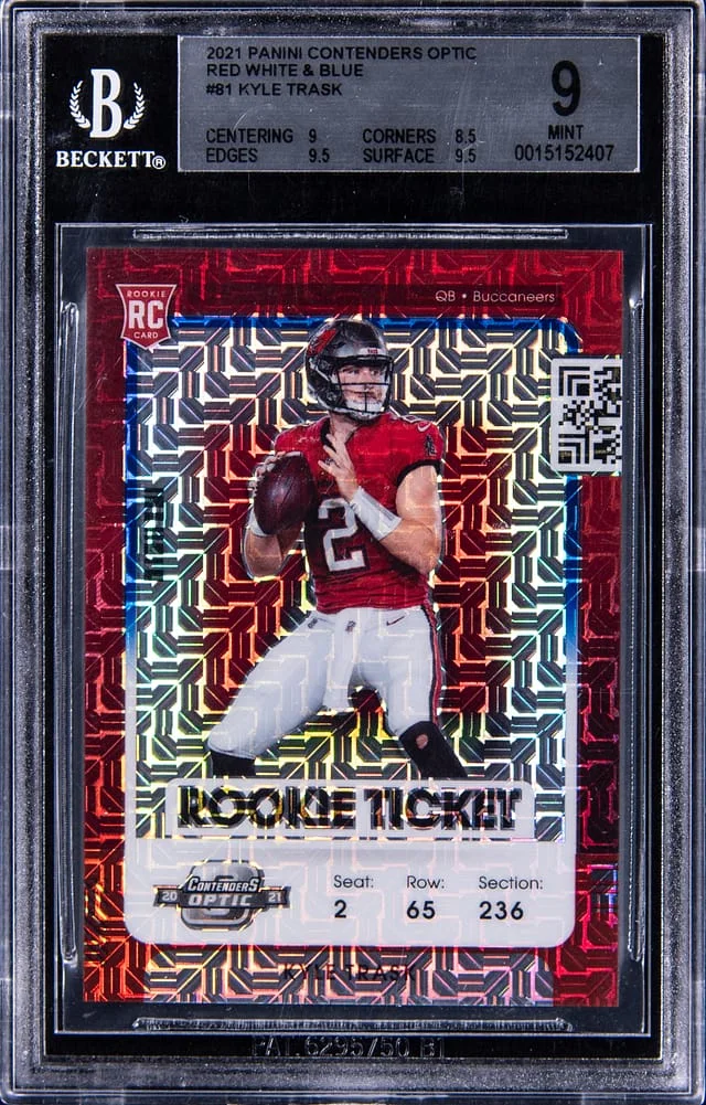 2021 Panini Contenders Optic Kyle Trask Red White & Blue #81 card image