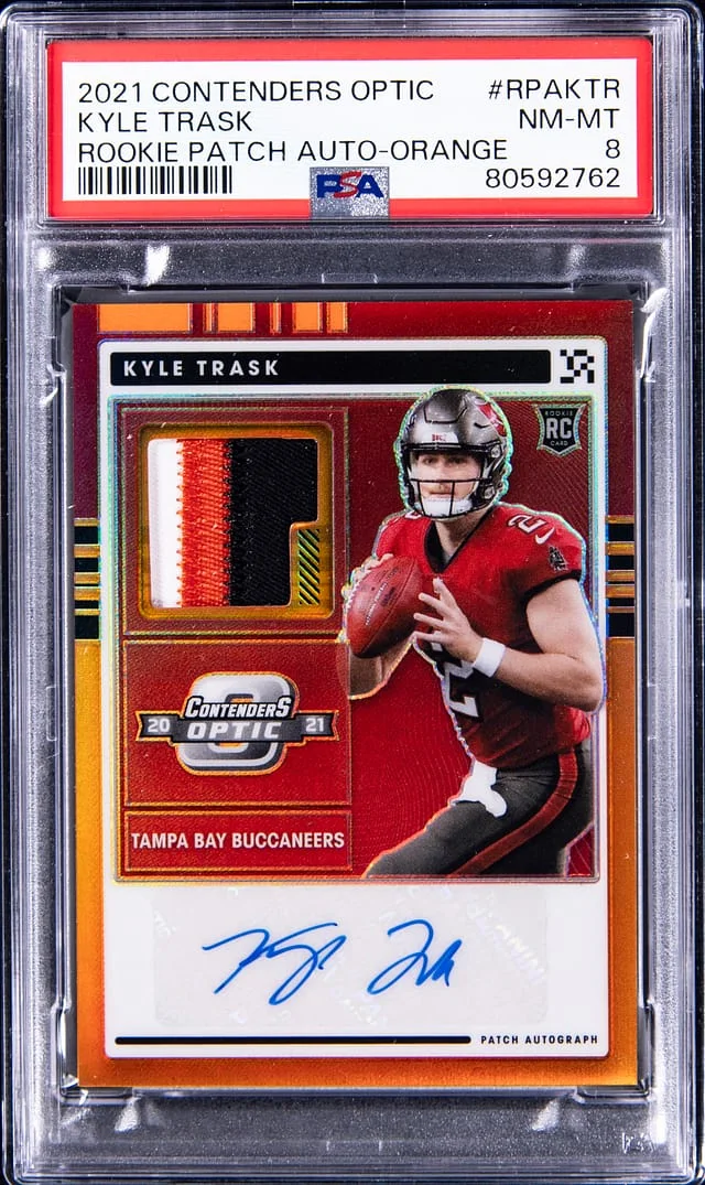 2021 Panini Contenders Optic Kyle Trask Patch Autograph Orange #RPA-KTR card image