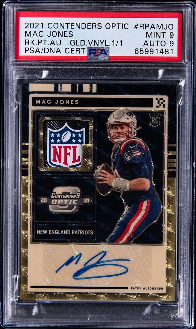 2021 Panini Contenders Optic Mac Jones Patch Autographs Gold Vinyl 1/1 #RPAMJO card image