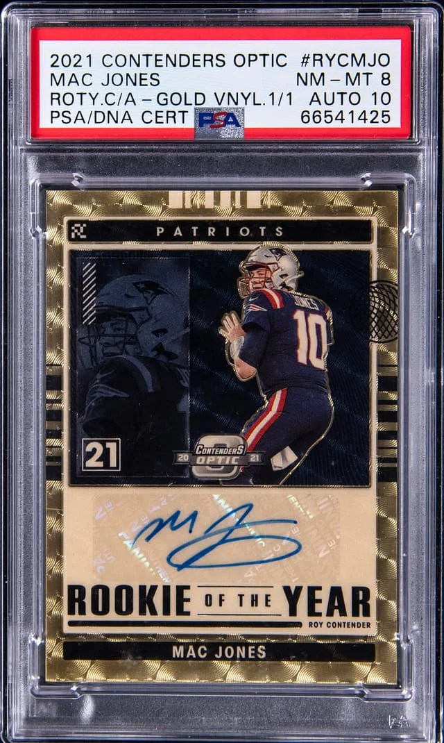 2021 Panini Contenders Optic Mac Jones of the Year Contenders Autographs Gold Vinyl Prizm #RYC-MJO card image