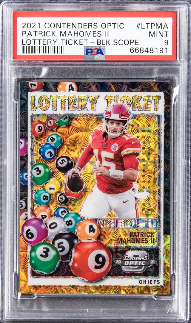 2021 Panini Contenders Optic Patrick Mahomes II Lottery Ticket Black Scope #LT-PMA card image