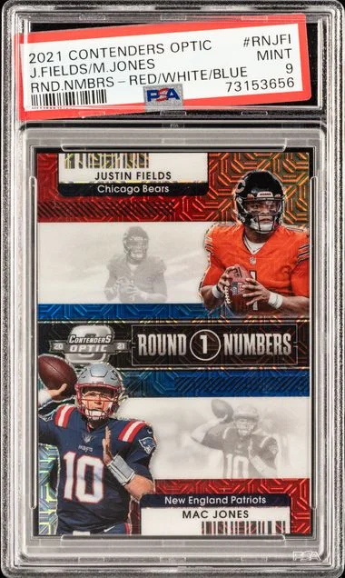 2021 Panini Contenders Optic Round Numbers Red/White/Blue Rnjfi Justin Fields /Mac Jones #no-number card image