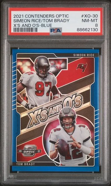 2021 Panini Contenders Optic Simeon Rice/Tom Brady X's and O's Blue #XO-30 card image