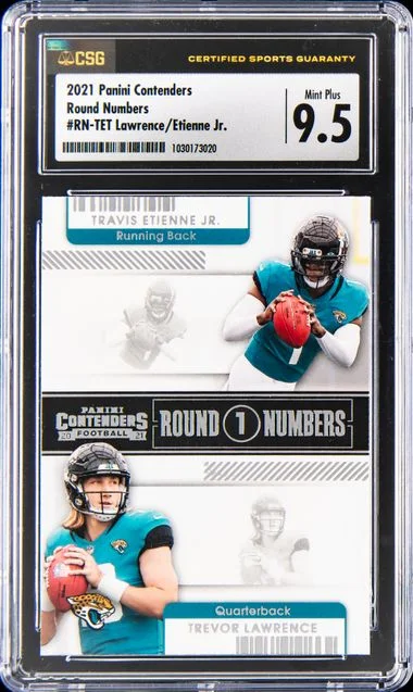2021 Panini Contenders Round Numbers Rn-Tet Trevor Lawrence/Travis Etienne Jr. #no-number card image
