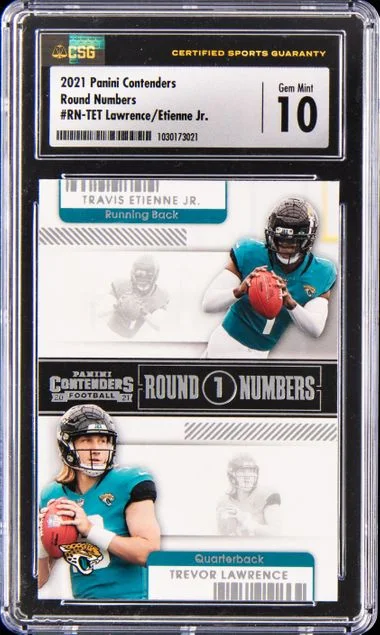 2021 Panini Contenders Round Numbers Rntet Travis Etienne Jr./Trevor Lawrence #no-number card image