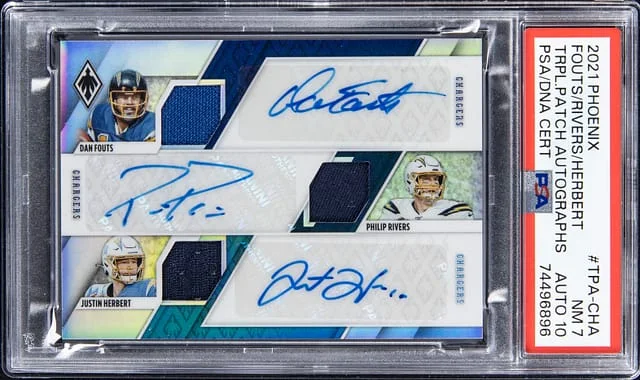 2021 Panini Dan Fouts/Philip Rivers/Justin Herbert Multi-Signed Phoenix Triple Patch Autographs #TPA-CHA card image