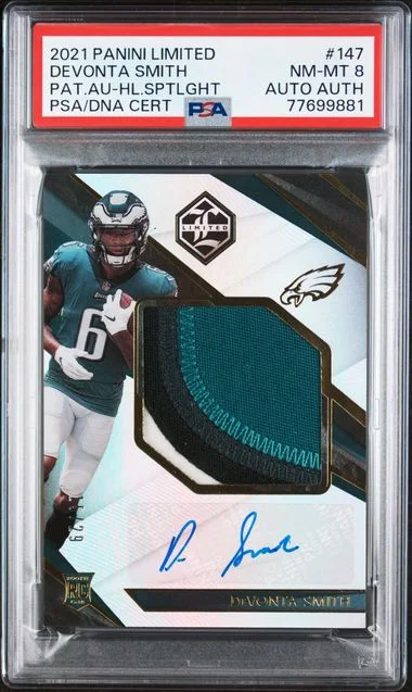 2021 Panini Devonta Smith Limited Patch Autograph-Holographic Spotlight #147 card image