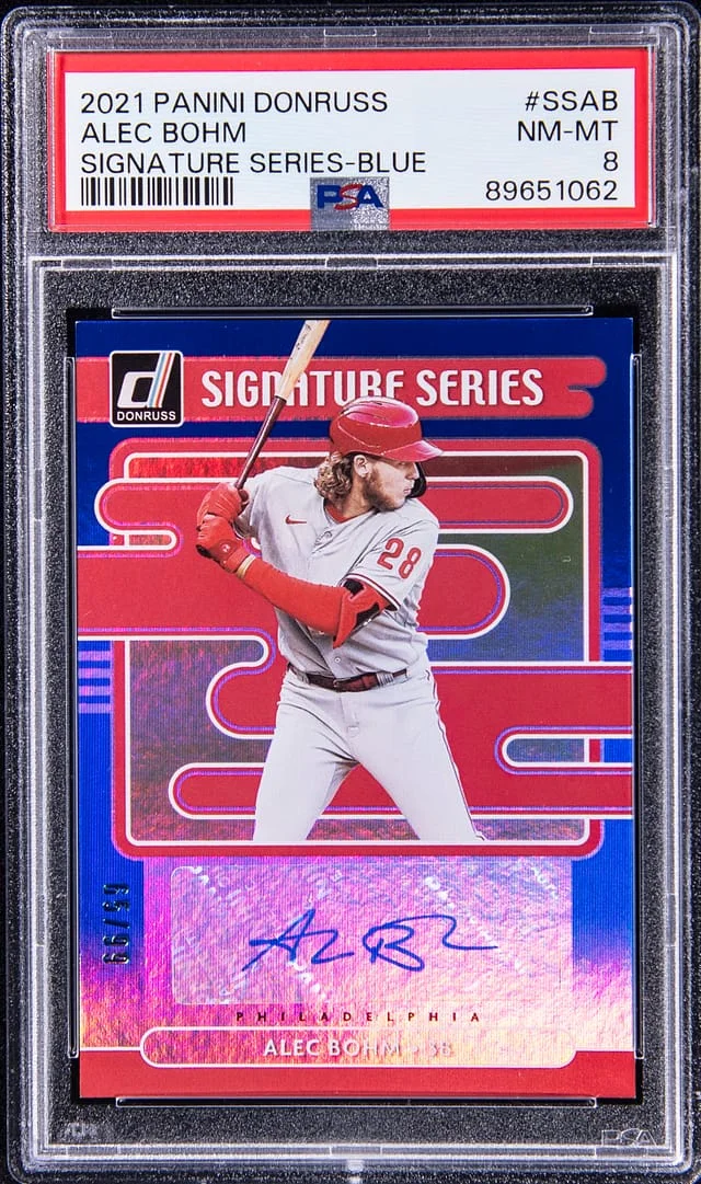 2021 Panini Donruss Alec Bohm Signature Series Blue #SS-AB card image