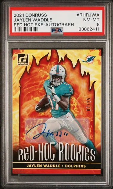 2021 Panini Donruss Jaylen Waddle Red Hot Rookies Autograph #RHRJWA card image