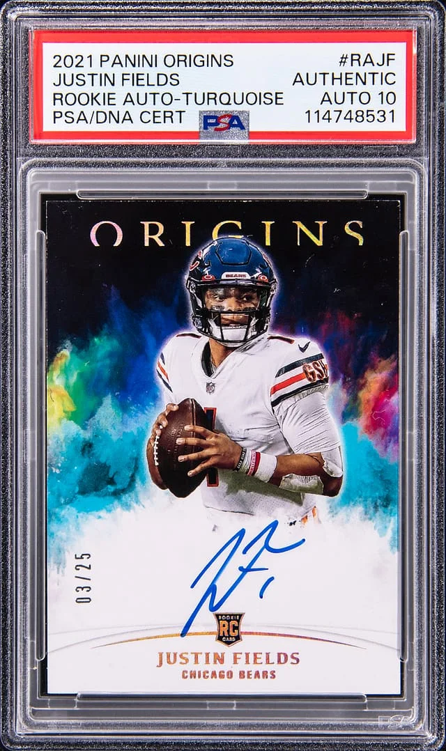2021 Panini Donruss Justin Fields Origins Autograph Turquoise #RA-JF card image