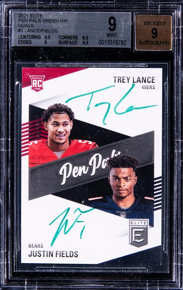 2021 Panini Donruss Justin Fields/Trey Lance Elite Pen Pals Green Ink Duals #3 card image
