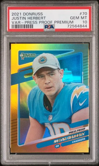 2021 Panini Donruss Justin Herbert Press Proof Premium #70 card image