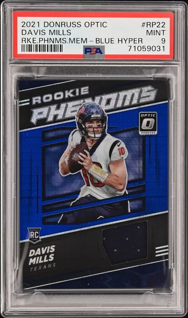 2021 Panini Donruss Optic Davis Mills Phenoms Memorabilia Blue Hyper #Rp22 card image