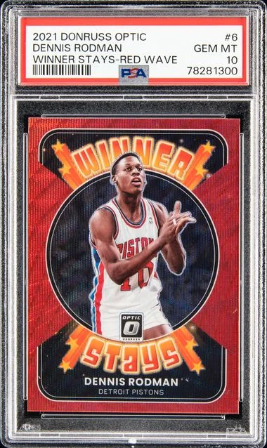 2021 Panini Donruss Optic Dennis Rodman Winner Stays Red Wave #6 card image