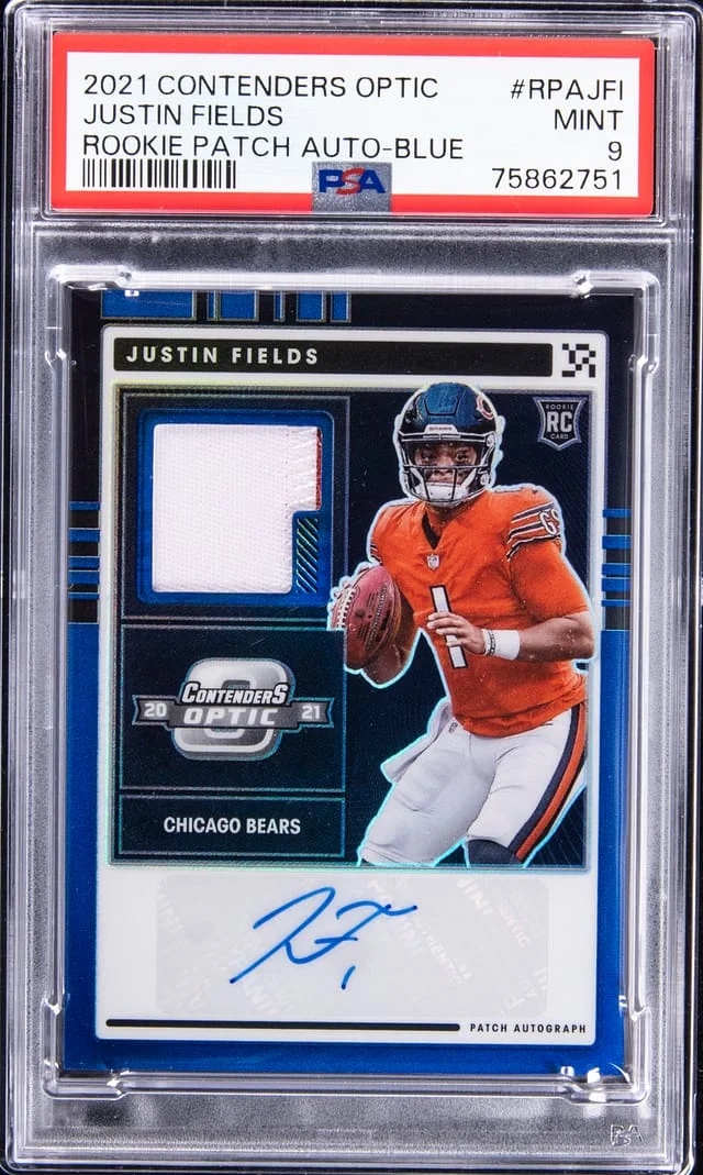 2021 Panini Donruss Optic Justin Fields Patch Autograph (RPA) Blue #RPA-JFI card image