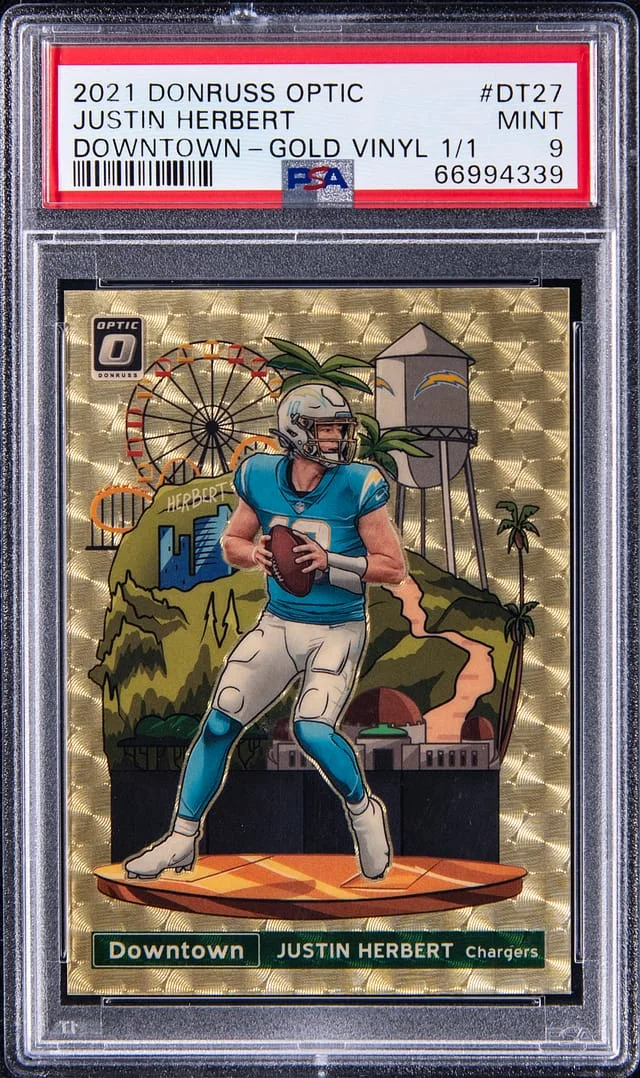 2021 Panini Donruss Optic Justin Herbert Downtown Gold Vinyl Prizm #DT-27 card image