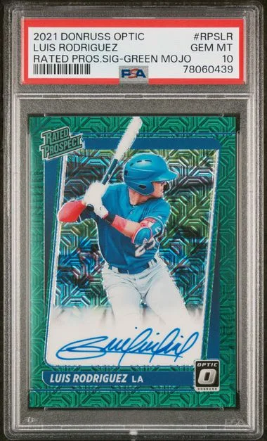 2021 Panini Donruss Optic Luis Rodriguez Rated Prospect Signatures Green Mojo #RPSLR card image