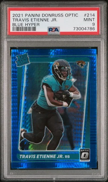 2021 Panini Donruss Optic Travis Etienne Jr. Blue Hyper #214 card image