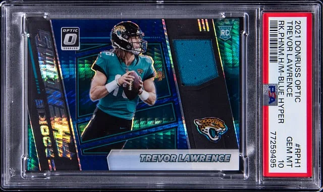 2021 Panini Donruss Optic Trevor Lawrence Phenom Materials Blue Hyper #RPH1 card image