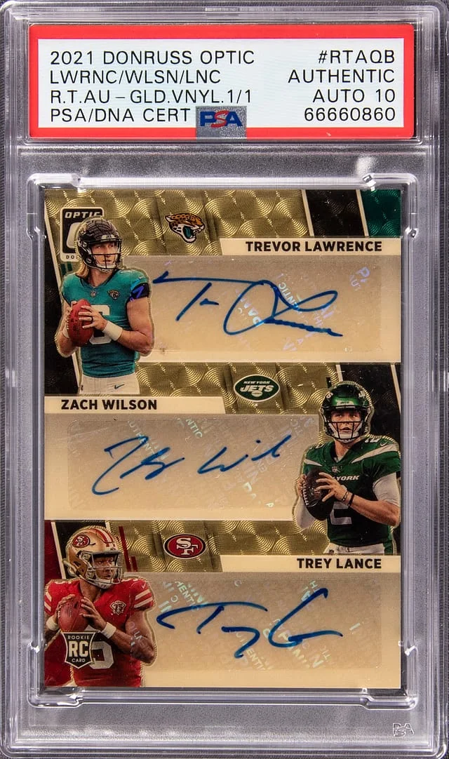 2021 Panini Donruss Optic Trevor Lawrence/Zach Wilson/Trey Lance Multi-Signed Triple Autographs Gold Vinyl #RTA-QB card image