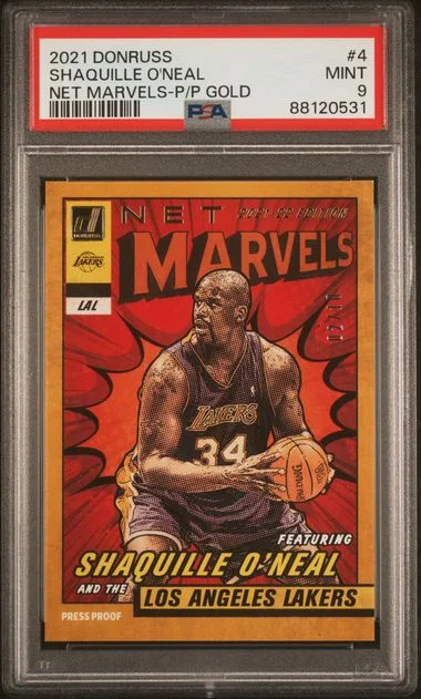 2021 Panini Donruss Shaquille O'Neal Net Marvels Press Proof Gold #4 card image